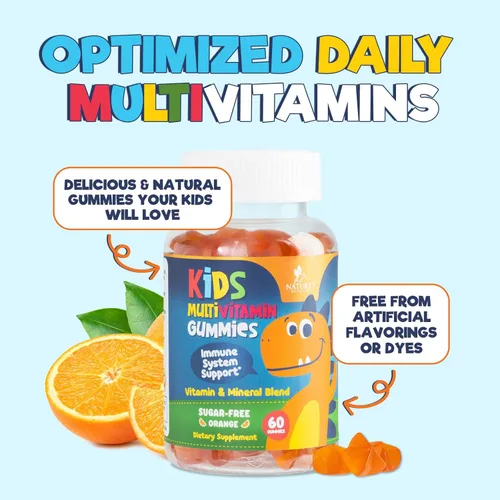 Miniatura 7 de Gomitas multivitamínicas para niños, sin azúcar, sabrosas gomitas de sabor a naranja, apoyo inmunológico diario con 100% vitamina B12, vitaminas