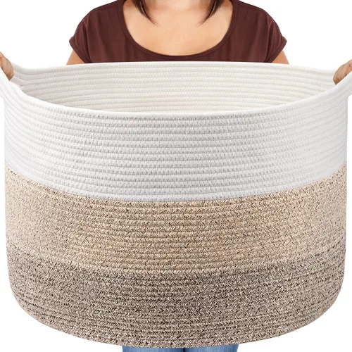 Miniatura 15 de Maliton Cesta grande tejida para manta, 22 x 22 x 14 pulgadas, cesta de almacenamiento para organizar, cesta redonda de cuerda de algodón