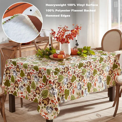 Miniatura 4 de Newbridge Woodsy - Mantel de vinilo con parte trasera de franela de otoño y Acción de Gracias, diseño de criaturas del bosque caprichosas