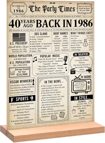 Trgowaul Decoraciones de cumpleaños número 40 para mujeres y hombres, póster vintage de cumpleaños de 1986, letrero de mesa de acrílico con soporte,