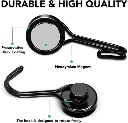 Miniatura 3 de MIKEDE Paquete de 4 ganchos magnéticos, ganchos magnéticos de neodimio resistentes de 40 libras, ganchos giratorios magnéticos negros para colgar