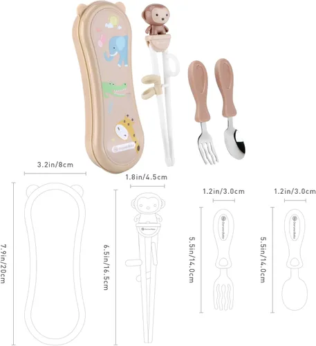 Miniatura 6 de Utensilios para niños pequeños, juego de cubiertos de acero inoxidable con palillos de entrenamiento para niños, cuchara y tenedor