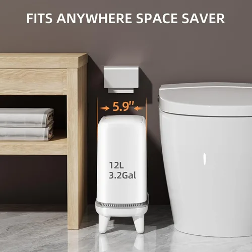 Miniatura 5 de JUDRDO Basurero de baño con tapa, bote de basura pequeño de adsorción al vacío de 3.2 galones, bote de basura con tapa superior a presión y patas