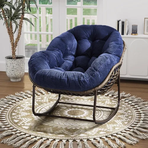 Miniatura 9 de Mecedora de gran tamaño para interiores, cómoda silla mecedora de pana con cojín grueso y marco, silla mecedora grande de mimbre para sala de estar