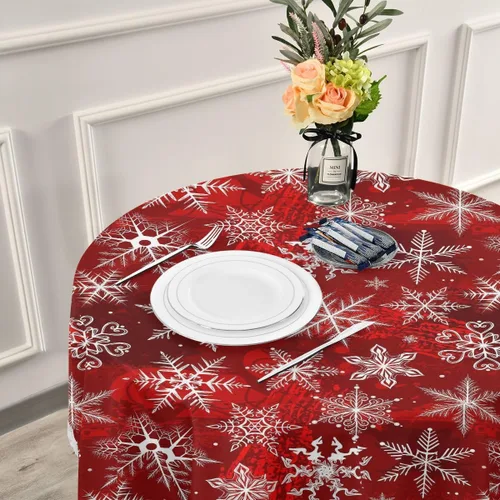 Miniatura 6 de senya Manteles redondos de Navidad, patrón rojo con copos de nieve, flores, mantel decorativo para mesa circular, comedor, decoración para Patrón 4