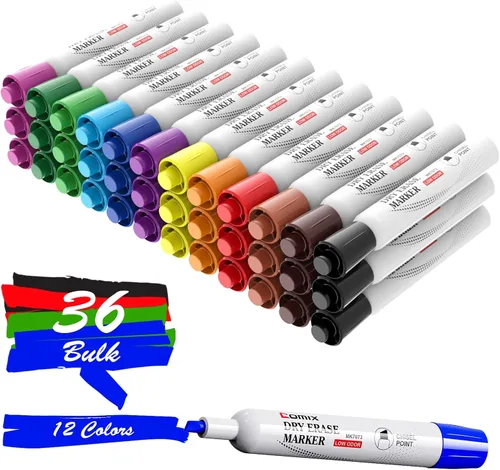 Comix Marcadores de borrado en seco, marcadores de pizarra blanca con punta de cincel, 36 unidades, 12 colores surtidos, marcadores de bajo olor