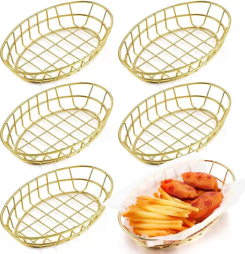 Miniatura 9 de Tioncy 6 cestas de alambre de metal ovaladas cromadas de 9.5 x 6.2 x 2.2 pulgadas para servir pan, contenedor decorativo para sándwiches, cesta