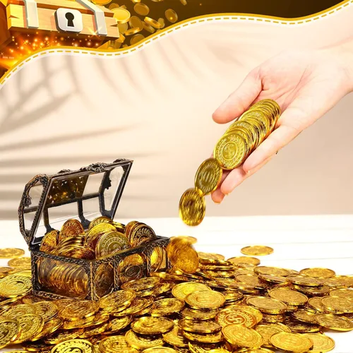 Miniatura 7 de Hanaive 600 monedas de oro pirata, monedas de juguete de tesoro de plástico, monedas falsas de San Patricio, doblón para regalos de fiesta pirata