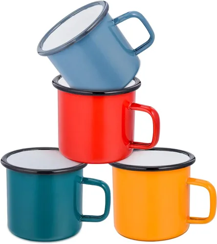 E-far Taza de café esmaltada de 12 onzas, tazas de café para camping, rojo/amarillo/azul/verde, colores saludables y brillantes, juego de 4