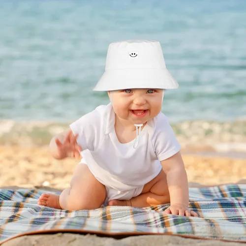 Miniatura 6 de Cooraby Paquete de 4 sombreros de sol para bebé, transpirable, con sonrisa, sombrero de cubo protector solar para bebé, gorra ajustable para bebé