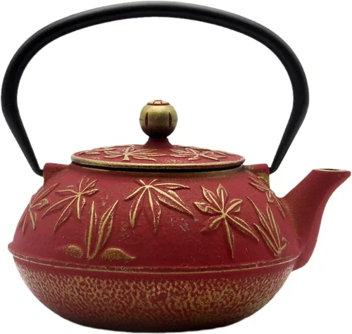 Miniatura 8 de Tetera de hierro fundido con infusor de acero inoxidable para estufa, recubierta con interior esmaltado, tetsubina japonesa con patrón de hojas