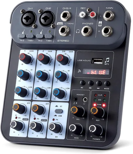 Mezclador de audio DJ de 4 canales, mezcladores de sonido, placa de mezcla de sonido XLR 1/4" de interfaz, entrada BT USB MP3 para computadora,