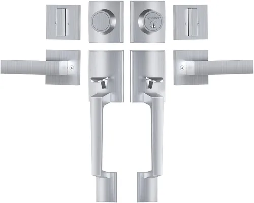 Miniatura 11 de TICONN Juego de manijas para puerta doble delantera, palanca de puerta cuadrada resistente y cerrojo de cilindro único combinado para puertas Bronce