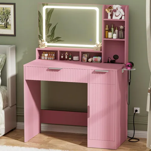 Miniatura 16 de Escritorio de tocador pequeño, escritorio de tocador con espejo y luces, escritorios de maquillaje con regleta eléctrica, mesa de tocador