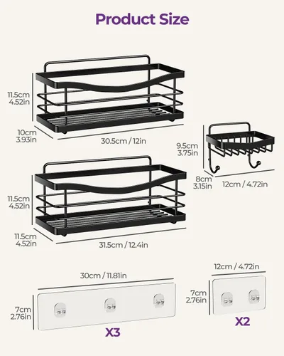Miniatura 2 de ODesign Estante organizador de ducha de acero inoxidable SUS304 para almacenamiento de baño y cocina, estante adhesivo sin perforaciones con 4 Negro