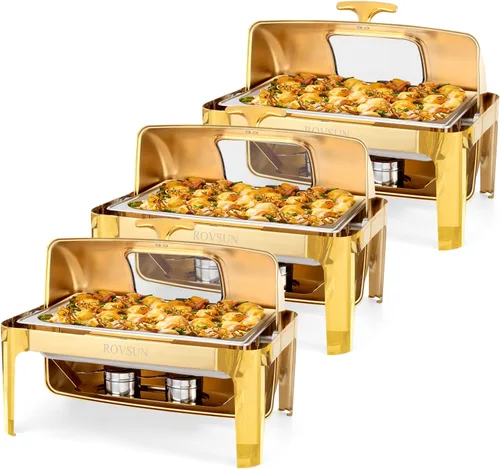 Miniatura 10 de ROVSUN Juego de platos de 9 cuartos de galón para bufé, juego de bufé de platos de rozamiento enrollable de acero inoxidable y calentadores de bufé