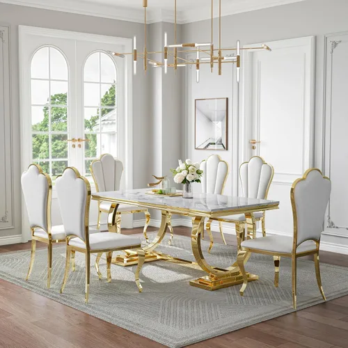 Miniatura 56 de Juego de mesa de comedor de mármol de 70 pulgadas para 6, mesa de cocina grande y sillas de cuero negro, mesas de comedor modernas negras y doradas