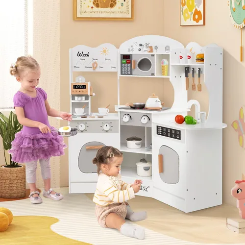 Miniatura 9 de HONEY JOY Cocina de Esquina de Juguete, Juego de Cocina de Madera para Niños Pequeños con Luces, Cafetera, Microondas, Fregadero, Grifo, Juego