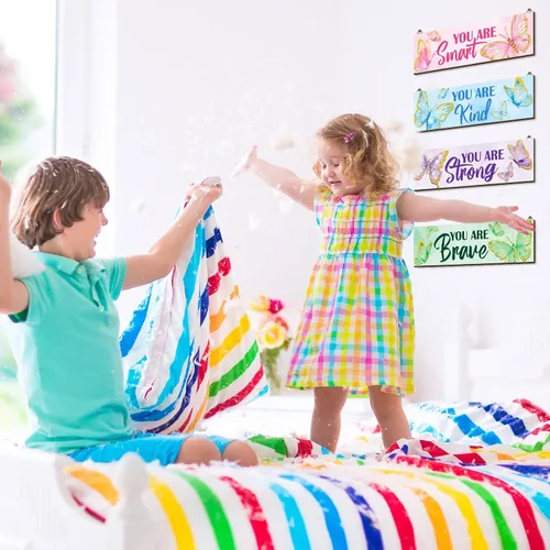 Miniatura 5 de Geetery 4 Piezas Letrero de Madera con Cita Inspiradora de Mariposa Decoración de Pared de Dormitorio para Hombres Mujeres Decoración de Arte