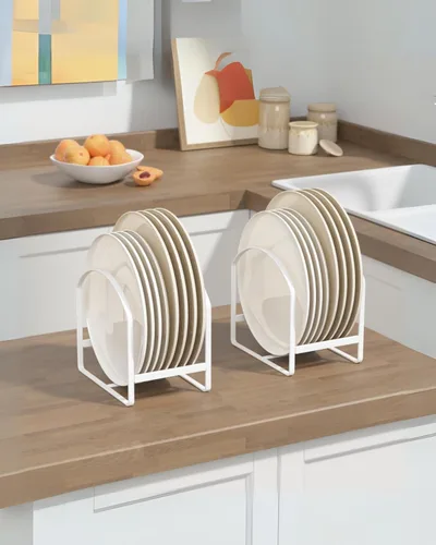 Miniatura 2 de LINFIDITE Paquete de 2 soportes organizadores de platos de cocina para gabinete, ahorrador de espacio, estante de almacenamiento de platos Negro