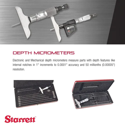 Miniatura 3 de Starrett 440, 445 Vernier. Calibradores de profundidad, tope trinquete, tuerca de bloqueo, tipo micrómetro, medición en pulgadas, 1
