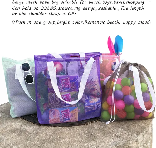 Miniatura 8 de Paquete de 4 bolsas reutilizables de malla colorida para la playa, bolsa de compras de malla con cordón para viajes, juguetes, regalo o lavandería