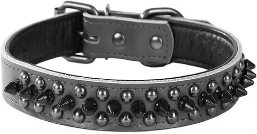 Miniatura 5 de Serijoars Collares ajustables de cuero genuino con tachuelas para mascotas pequeñas, medianas y grandes, Pit Bull, Bulldog, Pugs, Husky (M, morado)