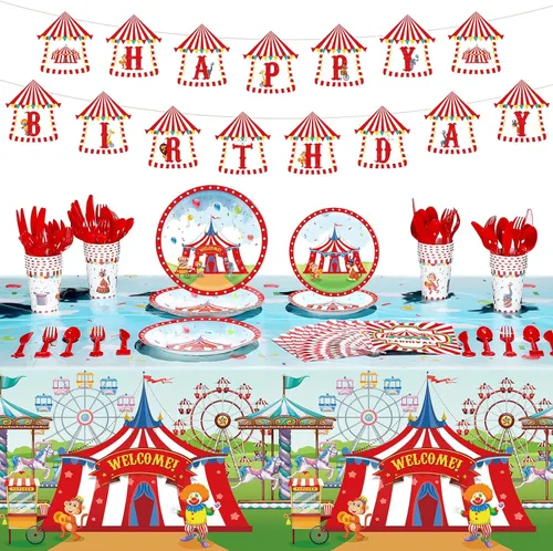 Juego de 172 piezas de decoraciones de fiesta de carnaval, suministros de fiesta de carnaval de circo, vajilla de circo, pancartas de feliz