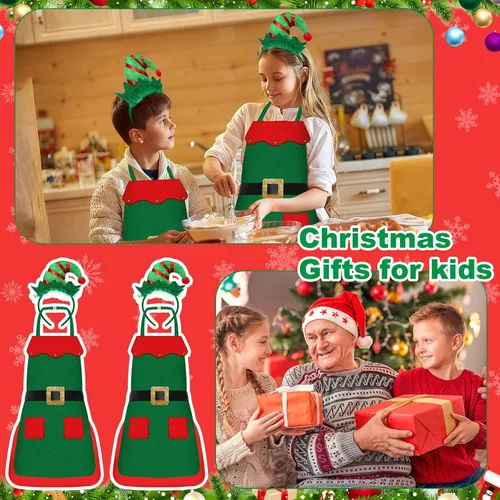 Miniatura 5 de Toulite Juego de 24 piezas de delantal de elfo de Navidad y diadema para niños, delantales de elfo con gorro para niños, suministros de cosplay