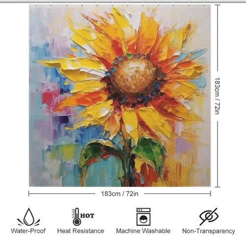 Miniatura 6 de YLATY2220 - Cortina de ducha de girasol para baño, pintura al óleo, hojas verdes, flores, bohemio, tela amarilla abstracta, moderna, impermeable