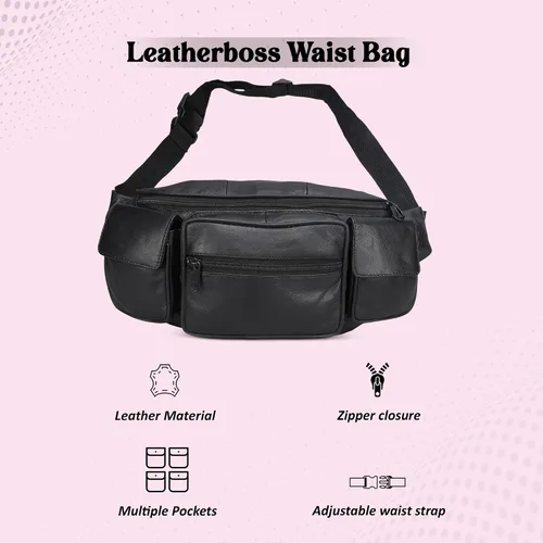 Miniatura 9 de Cangurera de Leatherboss Jumbo con bolsillos laterales Valcro, Negro