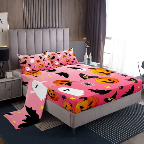 Manfei Juego de sábanas de Halloween tamaño individual, juego de ropa de cama de farol de calabaza fantasmas para niños y niñas, decoración de