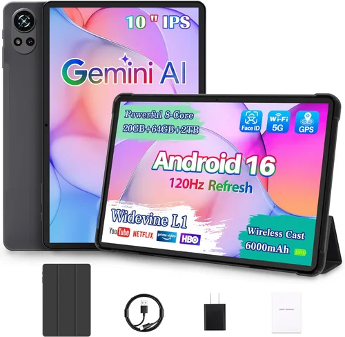 Tablet Android de 10 pulgadas Tablets Android 16, Gemini AI, pantalla de 120Hz, 20GB RAM, 64GB ROM+2TB expandible, Widevine L1, 6000mAh, GPS, Face