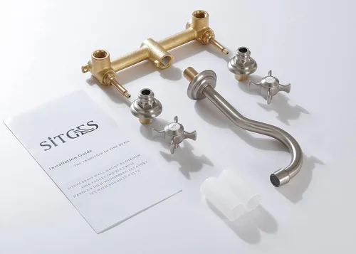 Miniatura 6 de SITGES Grifo de pared, grifo de pared de lavabo de baño de dos manijas con válvula áspera incluida, níquel cepillado