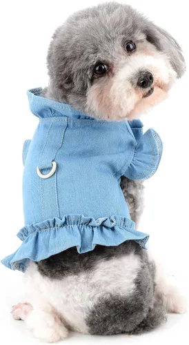 Miniatura 7 de Arnés para perro pequeño, vestido para niña, chaleco para mascotas, camisa de mezclilla para cachorro, gato, traje de verano con volantes, azul claro