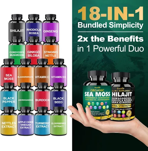 Miniatura 8 de Paquete de Musgo Marino y Shilajit de Bualle - Musgo Marino 300mg, Aceite de Semilla Negra 100mg, Ashwagandha 50mg, Jengibre y Shilajit 300mg