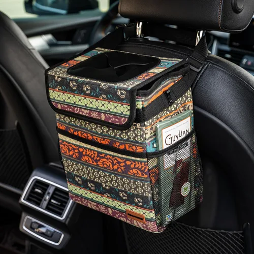 SIBOFUEGO Bote de basura lindo para automóvil, a prueba de fugas, con tapa y bolsillos de almacenamiento, cubo de basura para automóvil para hombres