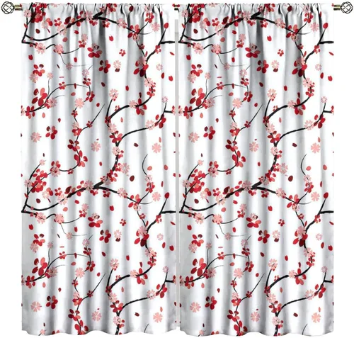 Spring Cherry Curtains, Floral Pink Flowers Plum Blossom Japanese Asian Style Window Drapes, for Bedroom Living Room 41" W X 45" L (No Blackout)