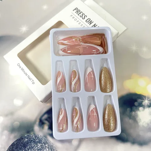 Miniatura 4 de Uñas postizas acrílicas artificiales de almendra media con diseño de estrellas onduladas blancas, cobertura completa, reutilizables, estilo ataúd