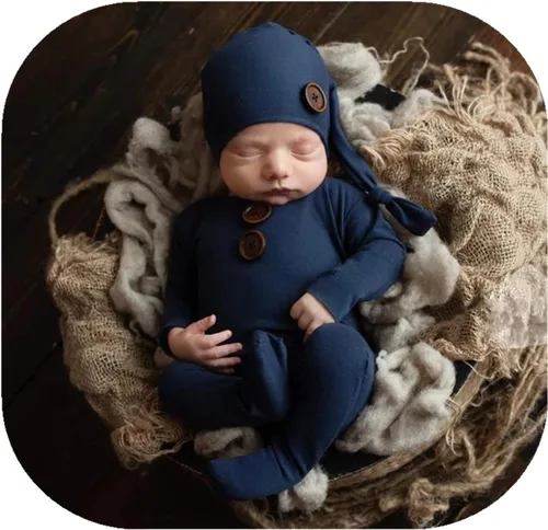 Miniatura 5 de Accesorios de fotografía para recién nacidos, trajes para niños y niñas, gorro y mameluco con pies, conjunto de disfraz para sesión de fotos Cuero