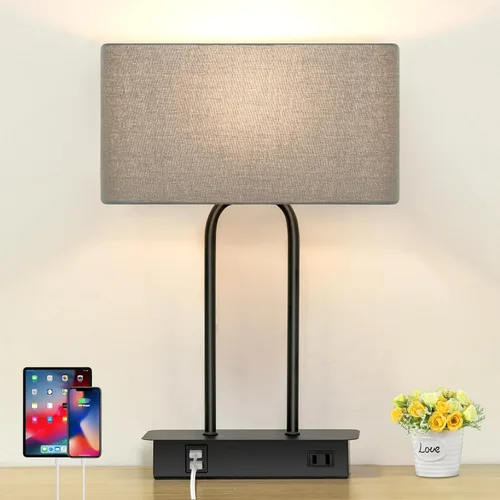Miniatura 9 de Lámpara de mesa con control táctil regulable en 3 vías con 2 puertos USB y toma de corriente AC, lámpara moderna de mesita de noche con pantalla