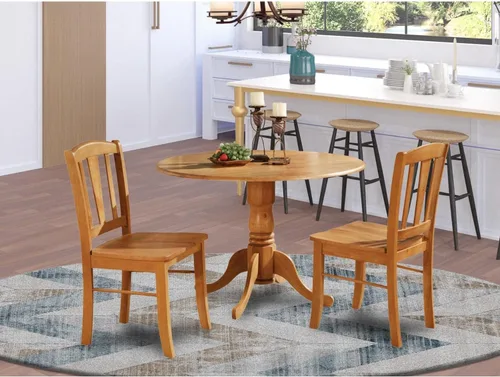 Miniatura 7 de East West Furniture DLIN3-OAK-W Juego de mesa de comedor de 3 piezas para espacios pequeños contiene una mesa de comedor redonda con gotas y 2