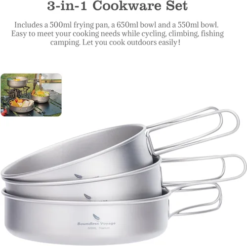 Miniatura 7 de iBasingo Juego de 3 piezas de ollas de titanio para acampar con mango plegable, juegos de ollas de cocina para campamento al aire libre