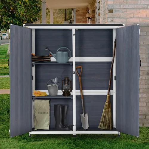 Miniatura 3 de MCombo Cobertizo de almacenamiento al aire libre con estantes, cobertizo de jardín de madera con piso, cobertizo de herramientas exterior con 2 Gris
