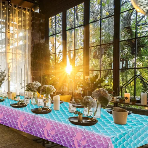 Miniatura 6 de 8 manteles para decoración de fiesta de cumpleaños de sirena, fundas de mesa de plástico desechables para princesas bajo el mar, suministros