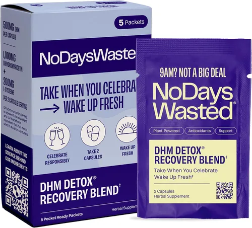 No Days Wasted DHM Detox 5 porciones portátiles, mezcla optimizada de DHM (suplemento de dihidromiricetina) y vitaminas para tomar durante la noche