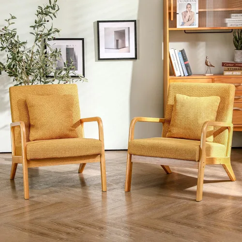 Miniatura 3 de ELUCHANG Silla decorativa moderna Mid-Century tapizada de tela de lino de primera calidad con patas de marco de madera, cómodas sillas de sala