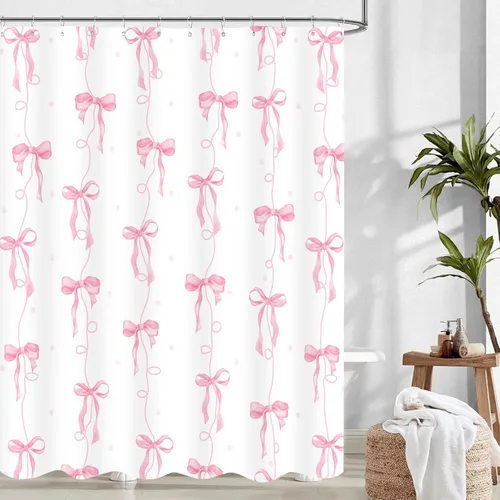 Miniatura 15 de Cortina de ducha con lazo negro, bonita cortina de ducha coqueta estética para adolescentes y niñas, decoración de tela impermeable con 12 ganchos