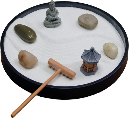 Nature's Mark Mini kit de jardín zen para escritorio con rastrillo, arena blanca, base redonda negra, figura de pagoda en miniatura, rocas de río y
