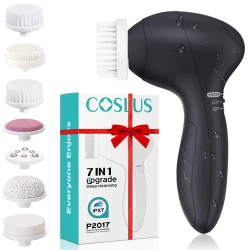 COSLUS Cepillo de Limpieza Facial Exfoliante Facial de Silicona: Dispositivo de Masaje Rotatorio Exfoliante Eléctrico 7 en 1 FBS-D Impermeable de